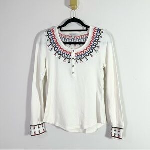 Lucky Brand White Embroidered Waffle Thermal Henley Long Sleeve Top